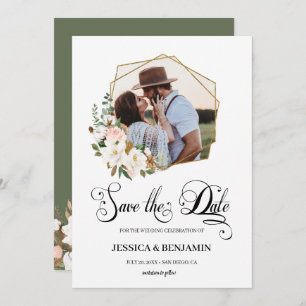 Reserve A Data Magnolia Cotton Floral Deixa Dourada Foto Geométri