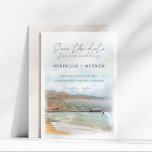 Reserve A Data Malibu | California Beach Watercolor Salvar a Data<br><div class="desc">Casamento do tema da praia da Califórnia Costeira Salvem o Cartão de Data mostra uma pintura de paisagem da água do píer de Malibu e da praia do Surfrider, o oceano Pacífico, e colinas ouros ao longo da costa. Parte da minha coleção de casamento "Malibu California". Trabalho de arte por...</div>