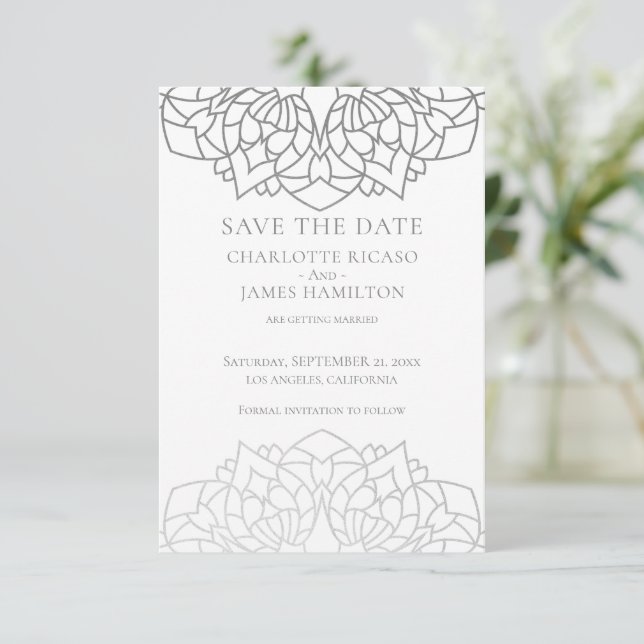 Reserve A Data Mandala Cinza Prata Padrão Casamento Personalizado (Em pé/Frente)
