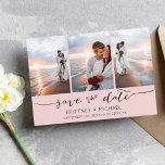 Reserve A Data Mão - 3 Imagem Cor-de-Rosa<br><div class="desc">Escolha as melhores fotos de sua filmagem de noivado ou suas fotos favoritas de vocês dois para salvar a data perfeita. As palavras salvar a data são manuscritas para dar uma sensação pessoal ao cartão. A frente tem 3 imagens e a parte traseira tem uma grande imagem com um filtro...</div>