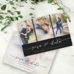 Reserve A Data Mão - 3 Imagem Preta<br><div class="desc">Escolha as melhores fotos de sua filmagem de noivado ou suas fotos favoritas de vocês dois para salvar a data perfeita. As palavras salvar a data são manuscritas para dar uma sensação pessoal ao cartão. A frente tem 3 imagens e a parte traseira tem uma grande imagem com um filtro...</div>