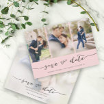 Reserve A Data Mão - 3 Imagens - Cor-de-rosa - Leve<br><div class="desc">Escolha as melhores fotos de sua filmagem de noivado ou suas fotos favoritas de vocês dois para salvar a data perfeita. As palavras salvar a data são manuscritas para dar uma sensação pessoal ao cartão. A frente tem 3 imagens e a parte traseira tem uma grande imagem com um filtro...</div>