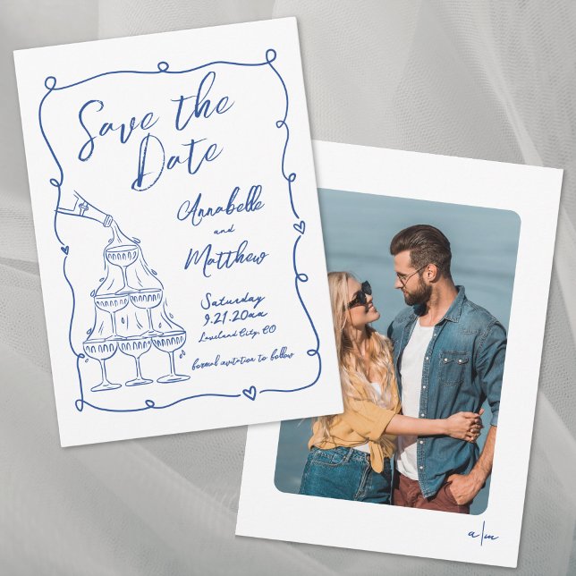 Reserve A Data Mão Desenhada Caprichosa Foto Azul Casamento (Whimsical Hand Drawn Photo Blue Wedding Save the Date)