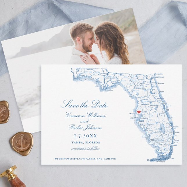 Reserve A Data Mapa Azul de Casamento de Tampa Flórida Elegante (Elegant Tampa Florida wedding save the dates with navy blue map from Coastal Map Designs)
