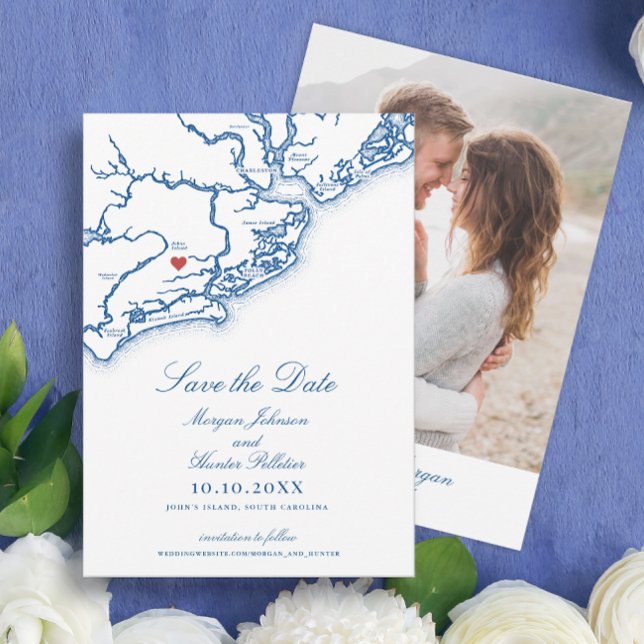 Reserve A Data Mapa da Ilha Johns SC Elegante Casamento Azul Mari (Johns Island SC Map Wedding Save the Date with Photo in Elegant Navy Blue by Coastal Map Designs)