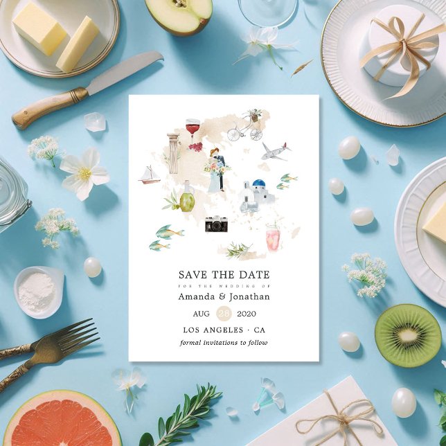 Reserve A Data Mapa de Aquarela do Casamento de Destino de Grécia (Watercolor Map of Greece Destination Wedding Save The Date)