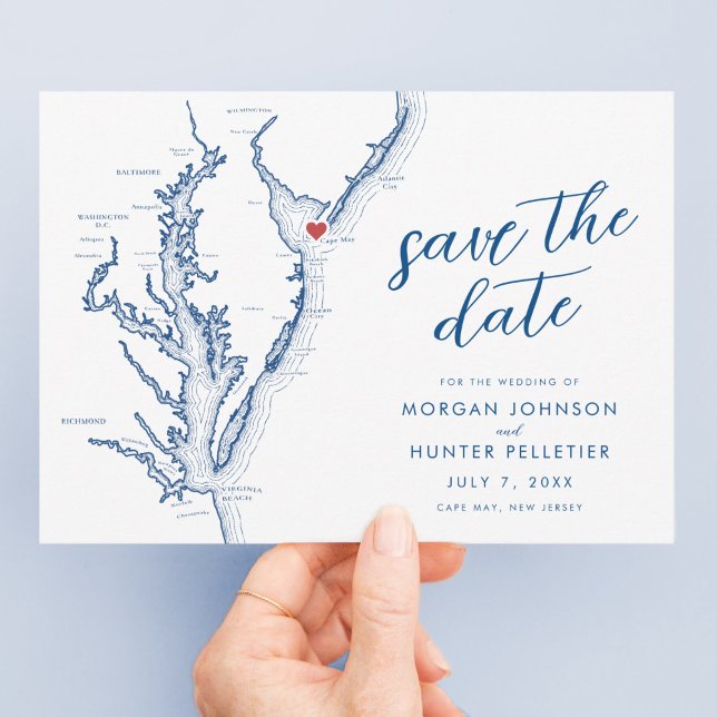 Reserve A Data Mapa de Cape May Nova Jersey Casamento Moderno (Cape May New Jersey Wedding Save the Date with Navy blue Chesapeake Bay map and modern typography )