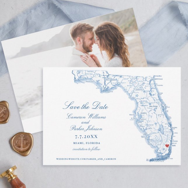 Reserve A Data Mapa de Marinhos Elegante de Casamento de Miami Fl (Elegant Miami Florida save the date with navy blue map from Coastal Map Designs)
