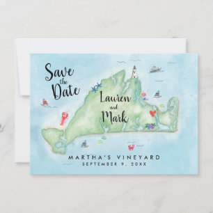 Reserve A Data Mapa de Martha's Vineyard em Aquarela Salve a Data