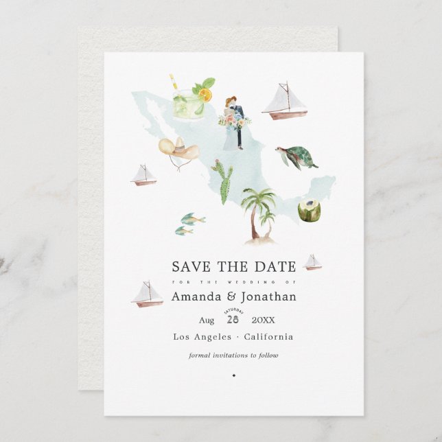 Reserve A Data Mapa de México aquarela Foto de Casamento Destino (Frente/Verso)