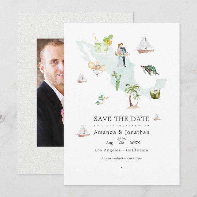 Reserve A Data Mapa de México em Aquarela Foto de Casamento de De (Frente/Verso)