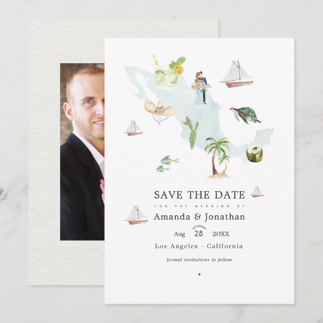 Reserve A Data Mapa de México em Aquarela para Foto de Casamento  (Frente/Verso)