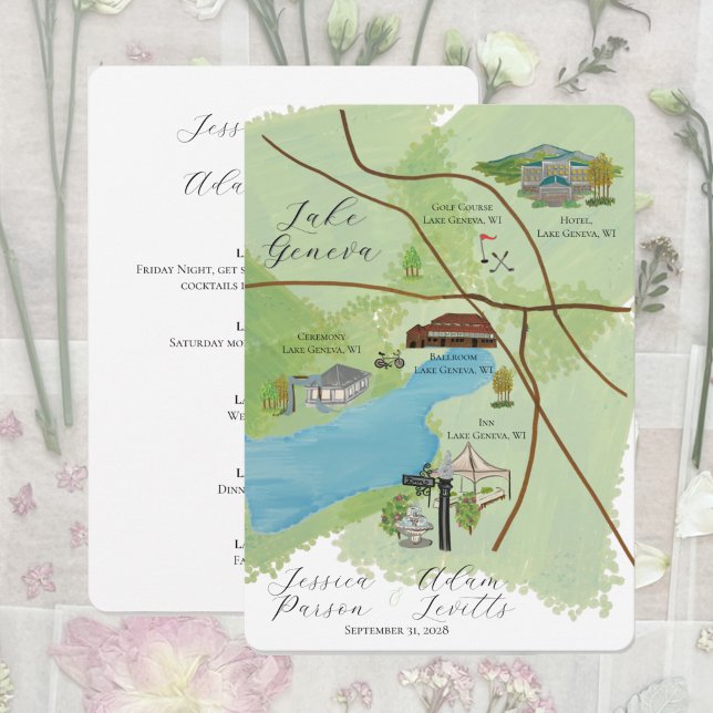 Reserve A Data Mapa Detalhado do Fim de Semana de Casamento em La (Illustrated wedding map of the Lake Geneva area)
