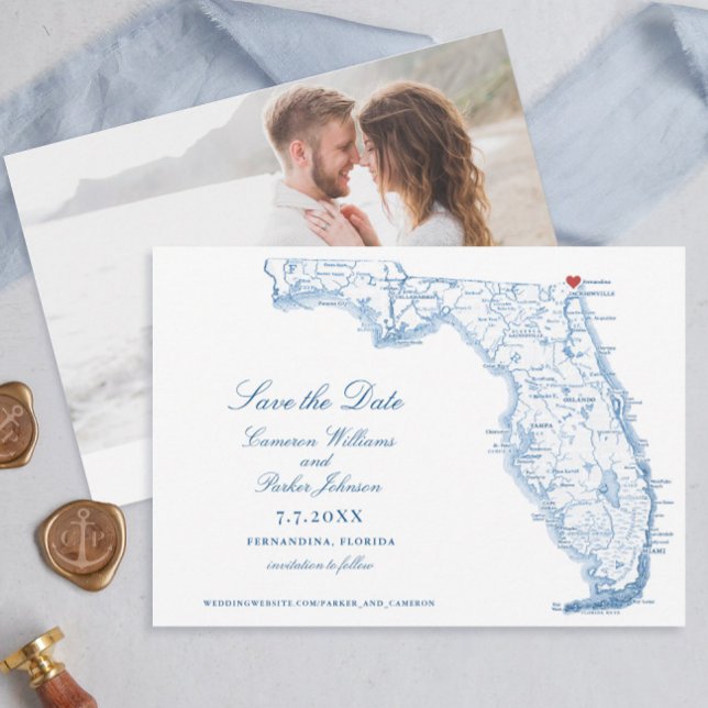Reserve A Data Mapa do Marinho Casamento Elegante Fernandina Flor (Elegant Fernandina Florida Save the date with navy blue map by Coastal Map Designs)