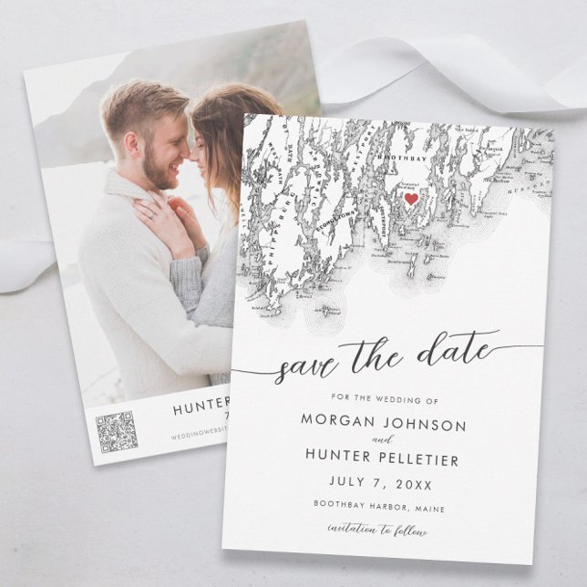 Reserve A Data Mapa Maine Moderno de Boothbay Harbor (Boothbay Harbor Maine wedding save the date minimal modern black and white by Coastal Map Designs)