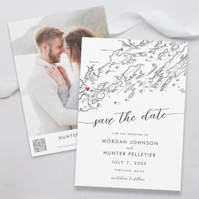 Reserve A Data Mapa Maine Moderno Mínimo do Portland (Portland Maine Wedding Save the Date minimal modern black and white from Coastal Map Designs)