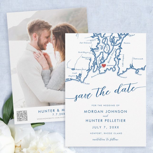 Reserve A Data Mapa Mínimo Moderno da Ilha Rhode Newport (Newport Rhode Island Elegant Modern Minimal Wedding Save the Date with Photo and QR cod)