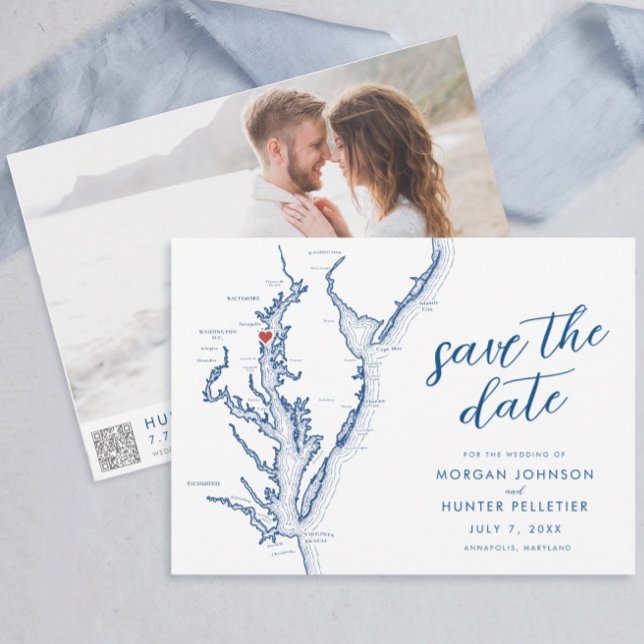 Reserve A Data Mapa Moderno de Annapolis Chesapeake Bay para Casa (Modern Annapolis Maryland Save the Date with photo and QR code in minimalist navy blue )