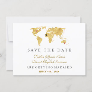 Reserve A Data Mapa Mundial Dourado de Destino Elegante Casamento