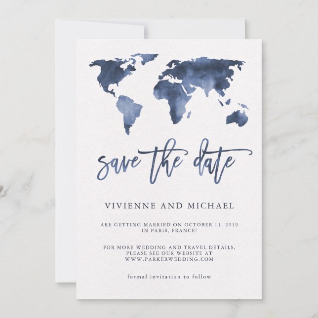 Reserve A Data Mapa Mundial em Aquarela Azul | Casamento Save the (Frente)