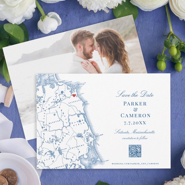 Reserve A Data Mapeamento do MÃE Escopo Marinho Elegante Código Q (These Scituate MA map save the dates have a QR code for easy access to your wedding website)