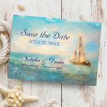 Reserve A Data Mar de veleiro | Casamento Náutico Por Aquarela<br><div class="desc">Náutico Salvar o cartão Data apresenta um veleiro e um mar com sotaques azuis marinhos e letra elegante de caligrafia. Perfeito para uma praia,  um casamento temático costeiro e oceânico e para entusiastas da navegação e do barco. Arte da KL Stock.</div>