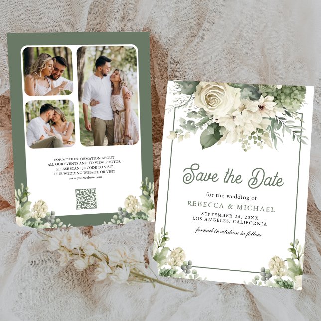 Reserve A Data Marfim Sage Verde Floral QR Code Foto Casamento (Criador carregado)