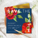 Reserve A Data Marinho Azul Bat Mitzvah Red Floral Watercolor Squ<br><div class="desc">Certifique-se de que todos os seus amigos e parentes serão capazes de celebrar o marco da sua filha Bat Mitzvah! Envie esta aquarela floral vermelha, impressionante, com serifa san moderna contra um fundo azul marinho, personalizado cartão de anúncio "Salvar a Data". Folha de ouro falsa, cor d'água floral vermelha e...</div>