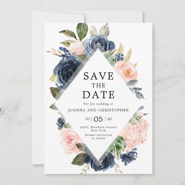 Reserve A Data Marinho Azul Blush Rosa Rosa Boho Casamento (Frente)