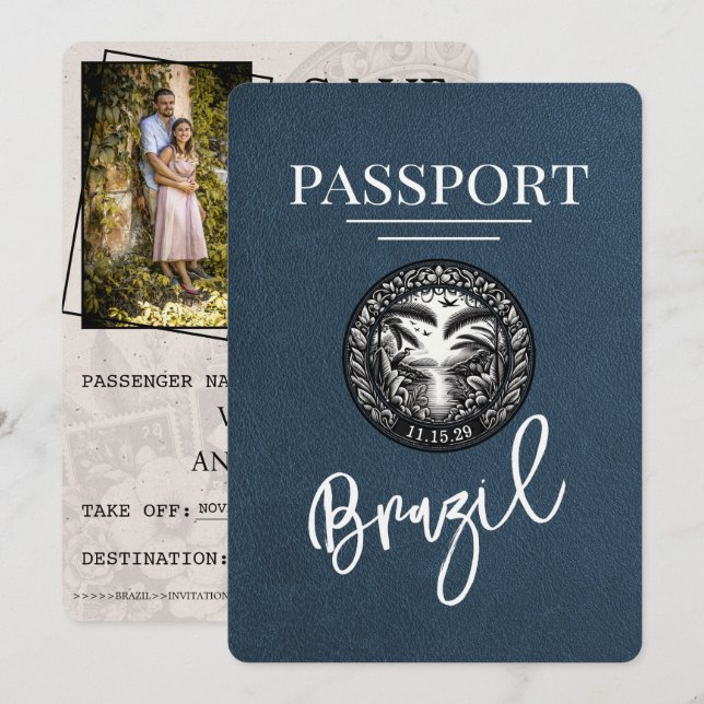 Reserve A Data Marinho Azul Brasil Passaporte Salvar Data (Frente/Verso)