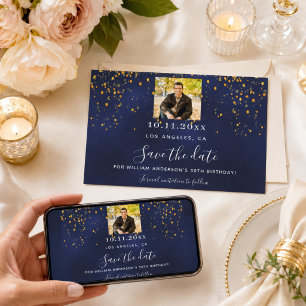 Reserve A Data Marinho azul dourado confetti data aniversário