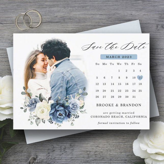 Reserve A Data Marinho Azul Dusty Champanhe Ivory Calendário flor (Dusty blue ivory calendar save the date)