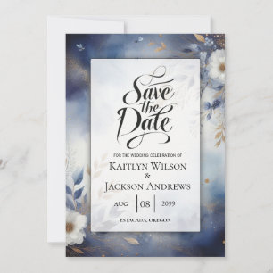 Reserve A Data Marinho Azul e Dourado Casamento Floral Salvar a D