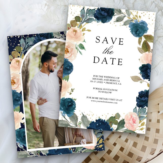 Reserve A Data Marinho Azul e Peach Floral Photo Wedding (Criador carregado)
