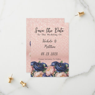Reserve A Data Marinho Azul e Rosa Dourado Casamento Floral