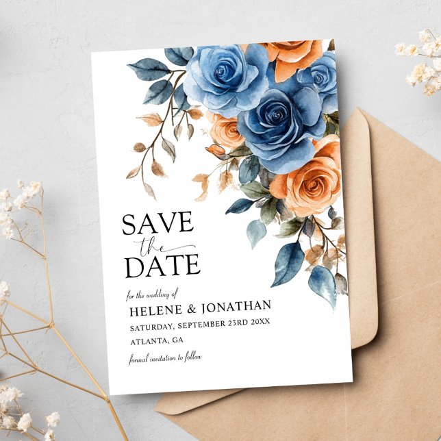 Reserve A Data Marinho Azul-Ferrugem  Flores do Jardim Elegante (Elegant Garden Flowers Navy Blue Rust Wedding Save The Date)
