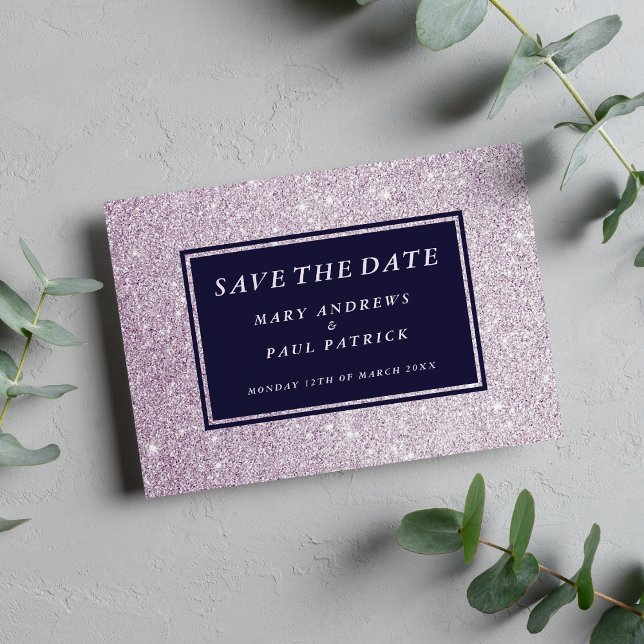 Reserve A Data Marinho azul lavanda brilho com brilho Salvar a da (Navy blue lavender glam glitter Save The Date )