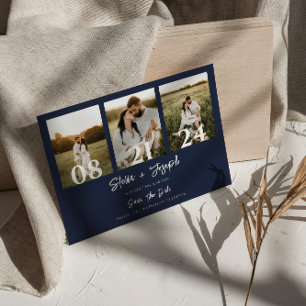 Reserve A Data Marinho Azul Moderno Três Fotos Colagem Casamento 