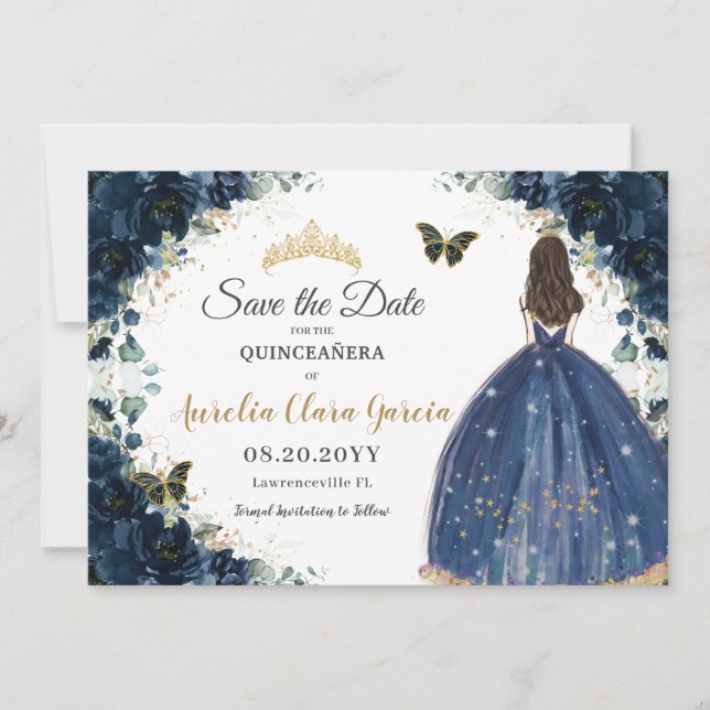 Reserve A Data Marinho Azul Vestido Floral Quinceañera Salve a Da (Frente)