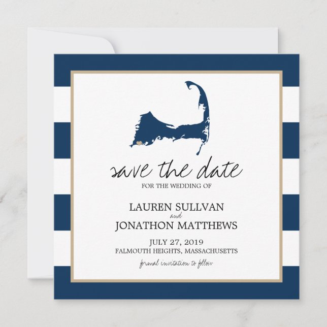 Reserve A Data Marinho Blue Cape Cod Map Casamento Salvar a Data (Frente)