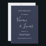 Reserve A Data Marinho Blue Script Wedding Salvar a Data<br><div class="desc">Marinho Blue Script Wedding Salve o cartão de data com nomes de estilo de assinatura,  este elegante Marinho Azul salve o cartão de data pode ser personalizado com suas informações especiais do dia do casamento em letra chic.</div>