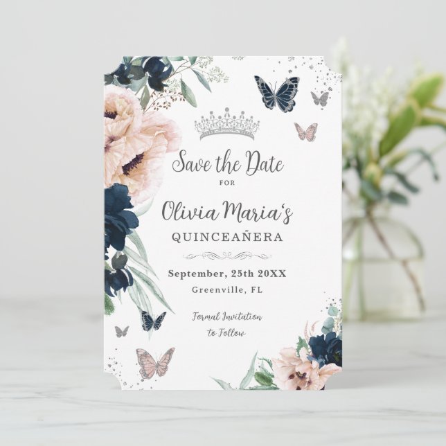 Reserve A Data Marinho Blush Floral Silver Butterflies Quinceañer (Em pé/Frente)