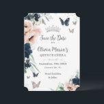 Reserve A Data Marinho Blush Floral Silver Butterflies Quinceañer<br><div class="desc">Personalize esta elegante Quinceañera / Doce 16 anos Salve o cartão de Data fácil e rapidamente. Basta clicar no botão personalizar para editar os textos, alterar as fontes e as cores das fontes. Apresentando belas cores d'água, marinho azul e flores, borboletas e princesa prateada. Itens correspondentes disponíveis no repositório. Também...</div>