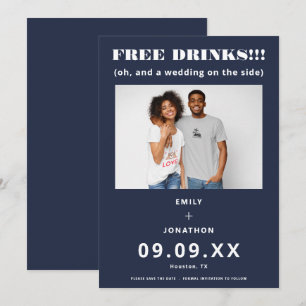 Reserve A Data Marinho Casual De Foto De Bebidas Gratuitas Branco