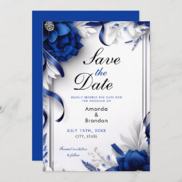 Reserve A Data Marinho Chic Blue & Silver Flowers Fitas Casamento
