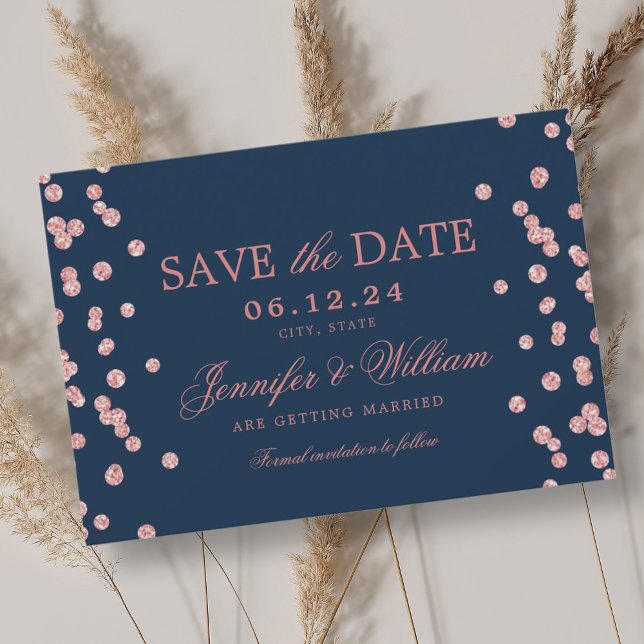 Reserve A Data Marinho Confetti Rosa de Casamento Elegante (Elegant Script Wedding Rose Gold Confetti Navy Save The Date)
