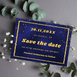 Reserve A Data Marinho de aniversário confete de ouro azul<br><div class="desc">A Save the Date for a 50th (or any age) festa de aniversário. Um fundo azul marinho colorido. Decorado com um quadro de ouro e confete. Para ele e para ela. Letras amarelas.</div>