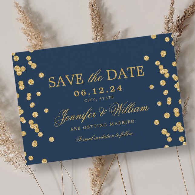 Reserve A Data Marinho de Confetti Dourado de Casamento de Script (Elegant Script Wedding Gold Confetti Navy Blue Save The Date)