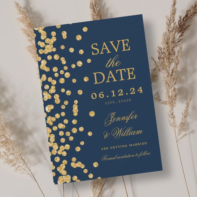 Reserve A Data Marinho de Confetti Dourado de Casamento de Script (Elegant Script Wedding Gold Confetti Navy Blue Save The Date)