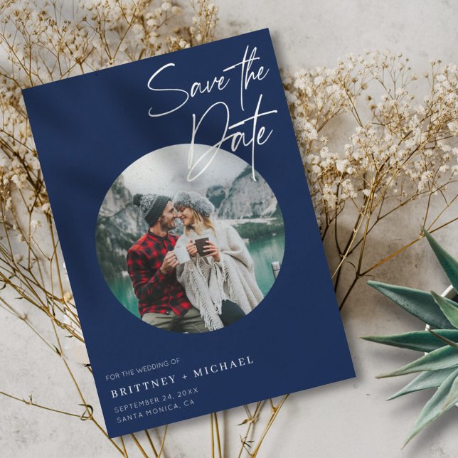 Reserve A Data Marinho de Foto Moderno Azul (Criador carregado)